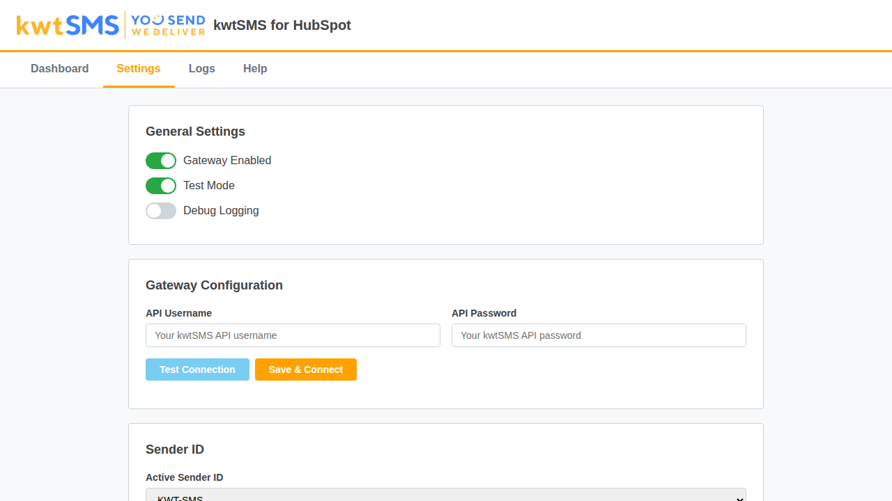 kwtSMS settings page